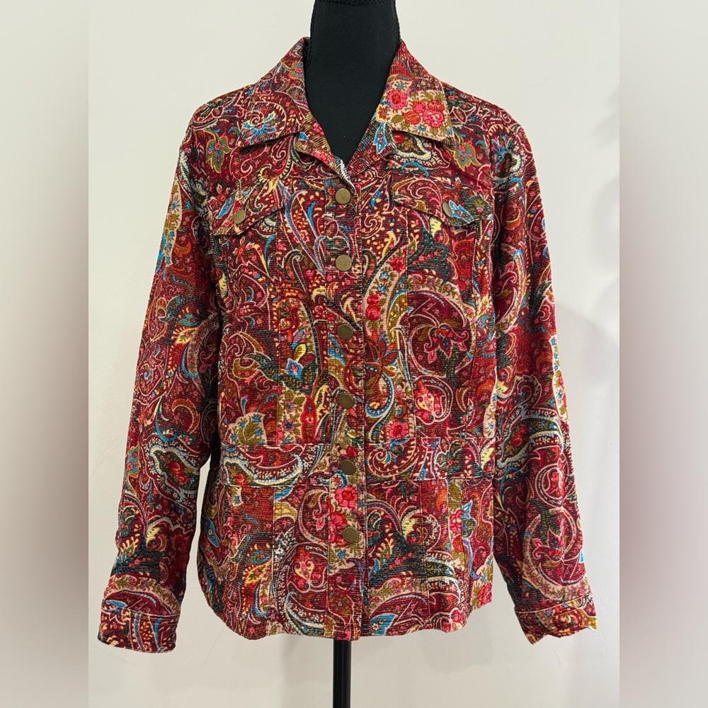 Coldwater Creek PXL Colorful Paisley Corduroy Button-Up Jacket w Pockets 498